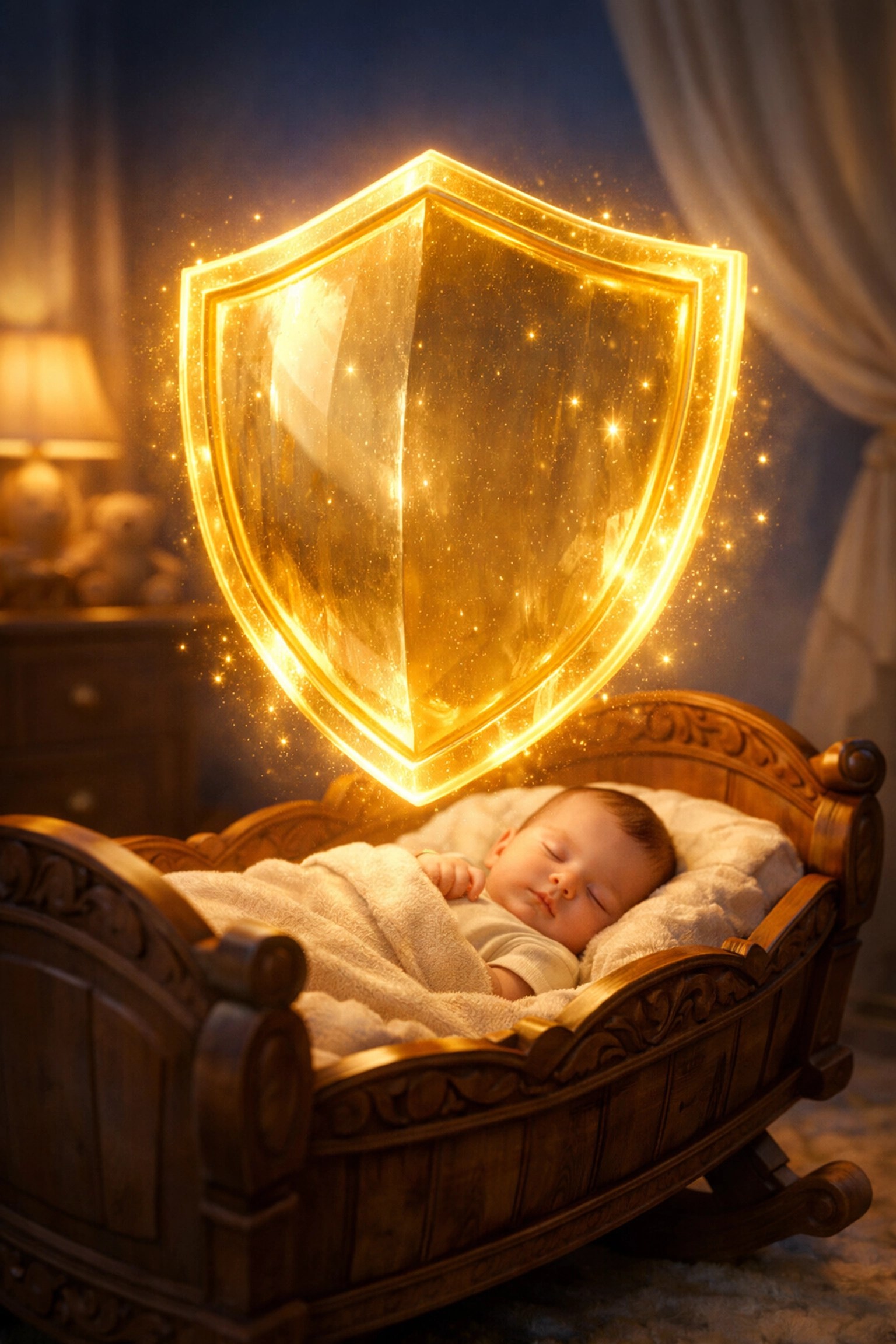 A protective shield over a sleeping infant in a nursery, illustrating the security of a life insurance policy.