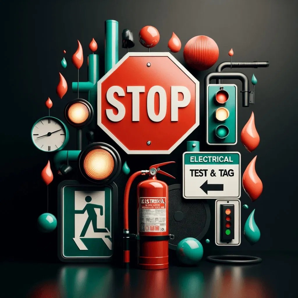 A collage of safety essentials including fire and electrical compliance symbols