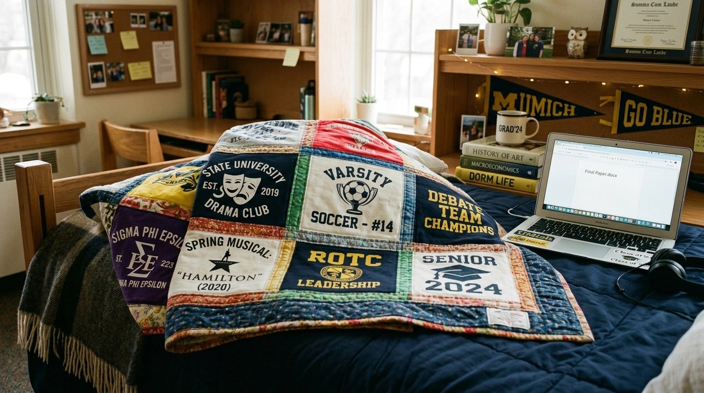 A close-up photo of a T-shirt quilt with school, sports, theater, and club shirt-logo blocks folded in a graduate's dorm room.