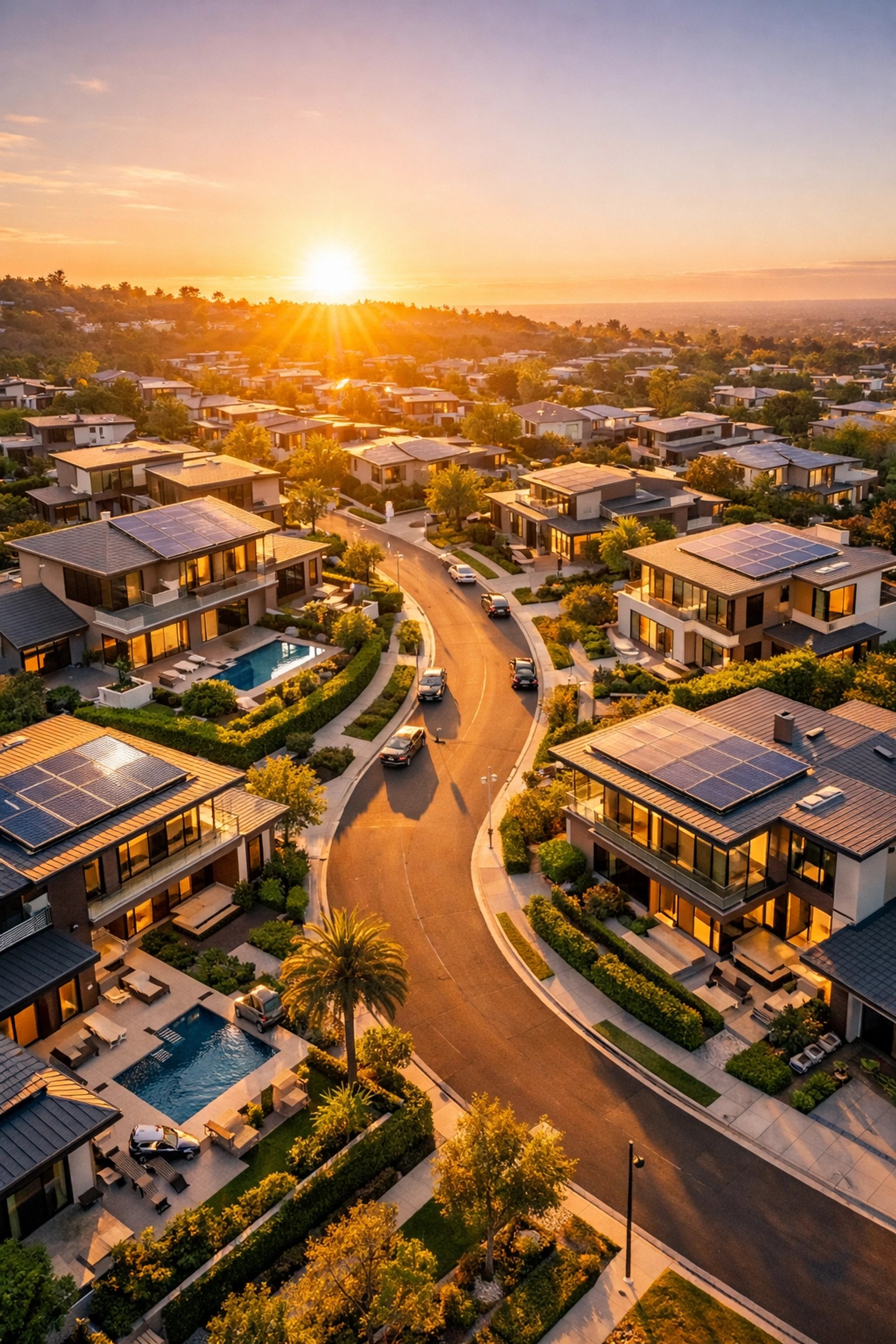 Modern suburban neighborhood at golden hour showcasing stable property values in the 2026 real estate market.