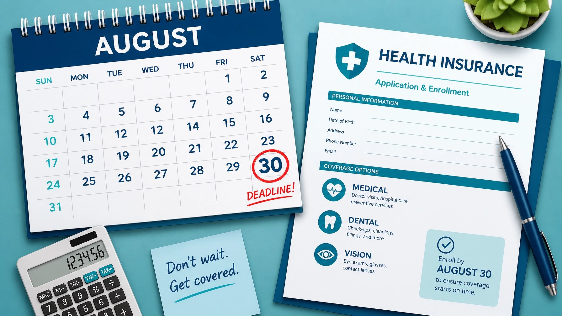 A calendar showing the August 30 deadline with health insurance paperwork and calculator