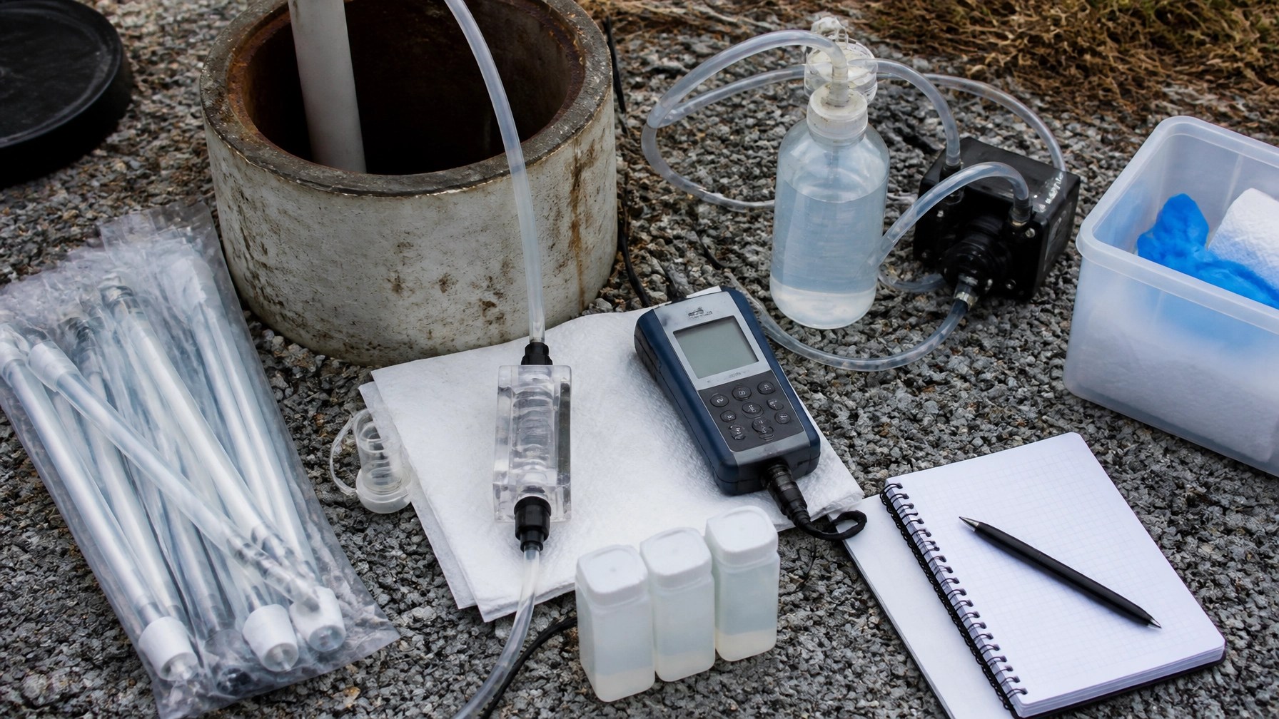 Close-up of groundwater sampling equipment including bailers, low-flow pump tubing, flow-through cell, sample vials, calibration meter, and field notebook at a monitoring well