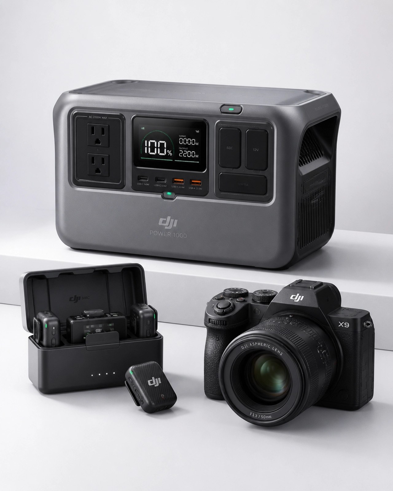 A minimalist 3D tech setup featuring high-end gadgets and a portable power station.