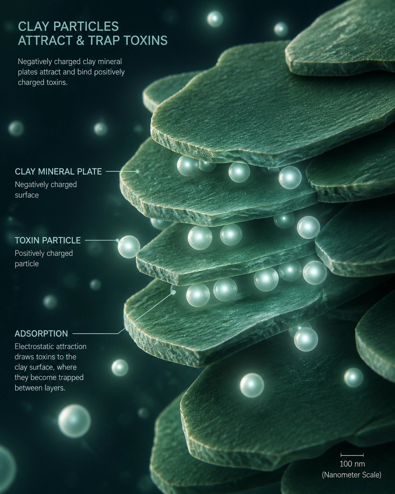Microscopic illustration of clay particles trapping toxins
