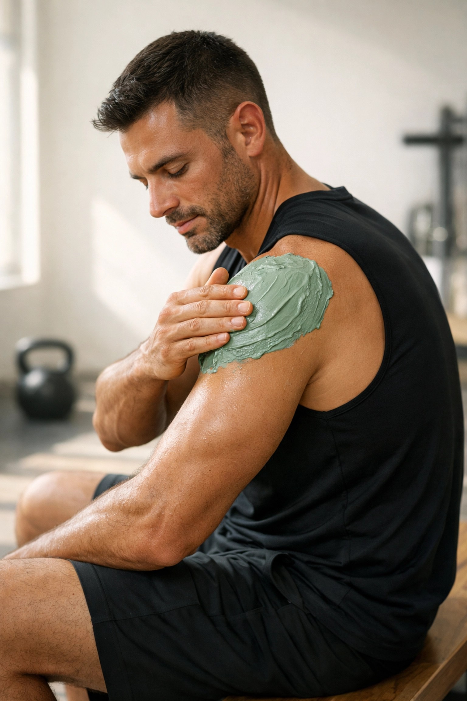 CrossFit athlete applying green clay to a sore shoulder for post-workout muscle soreness relief.