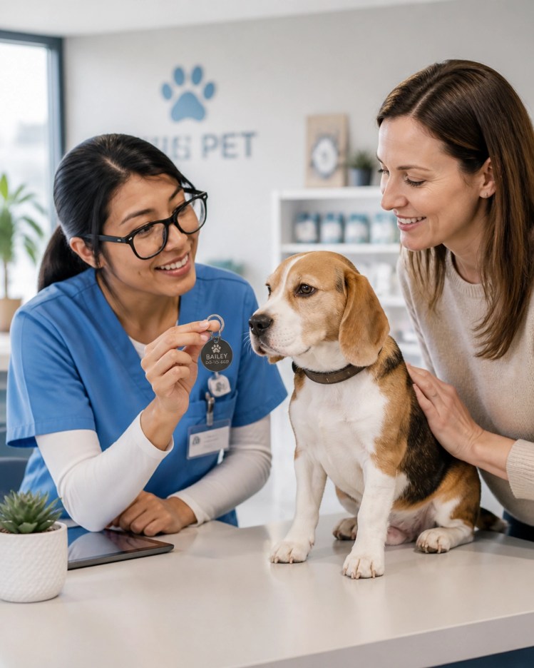 A professional pet sitter showing a dog's ID tag to a client in a modern lobby