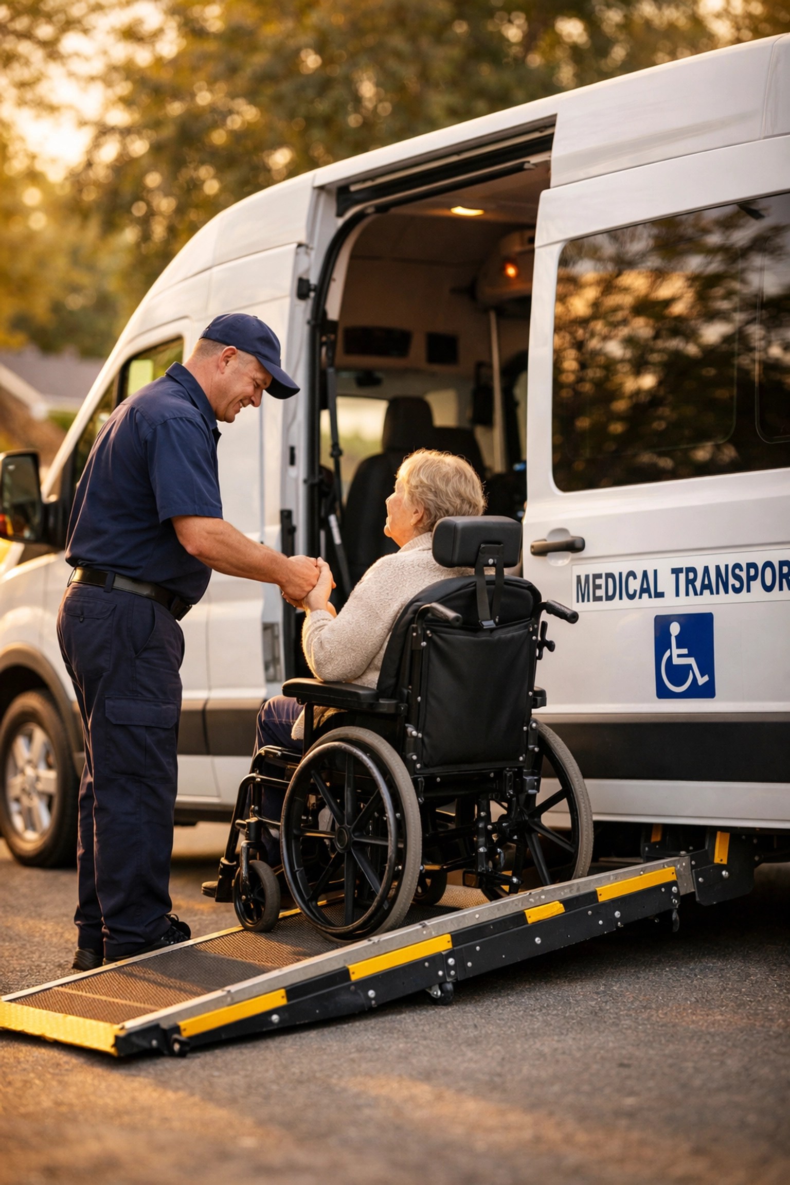 Professional NEMT driver assisting a passenger with specialized door-to-door medical transportation.