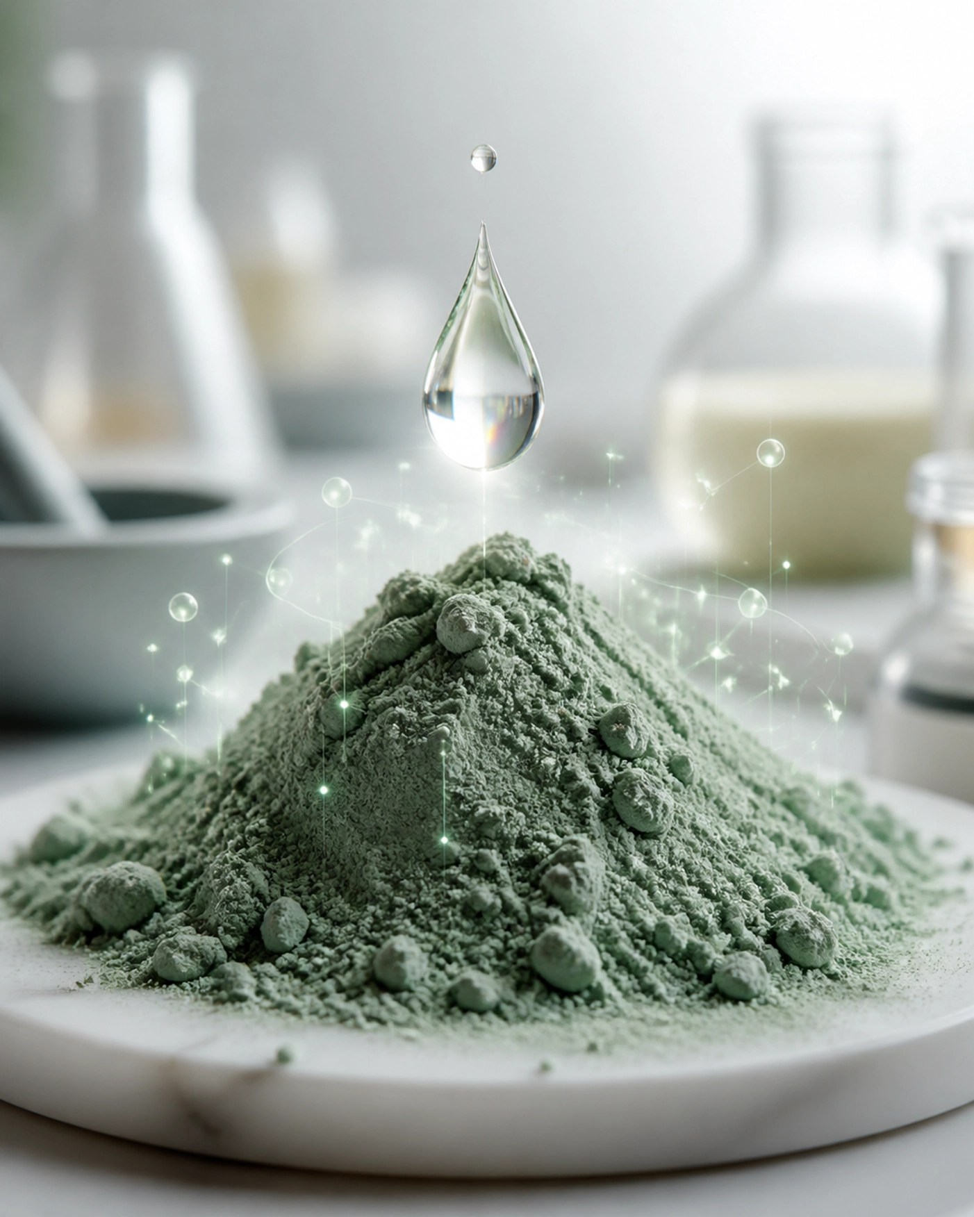 Fine French Green Clay powder with a water droplet illustrating mineral purity and ionic energy for natural detox.