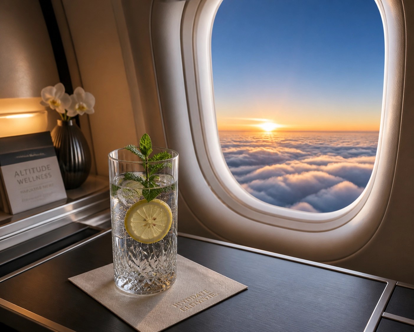 First-class plane window view with lemon water on a tray table to prevent travel bloating and stay snatched.