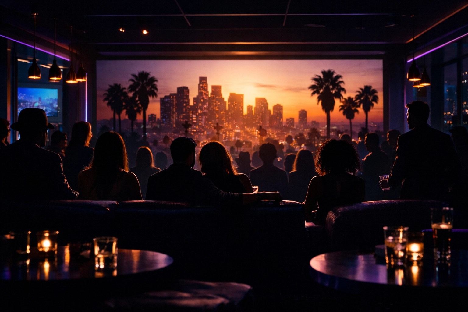 Silhouetted sports fans in an LA lounge watching a fight broadcast, showing the cultural impact of combat sports.