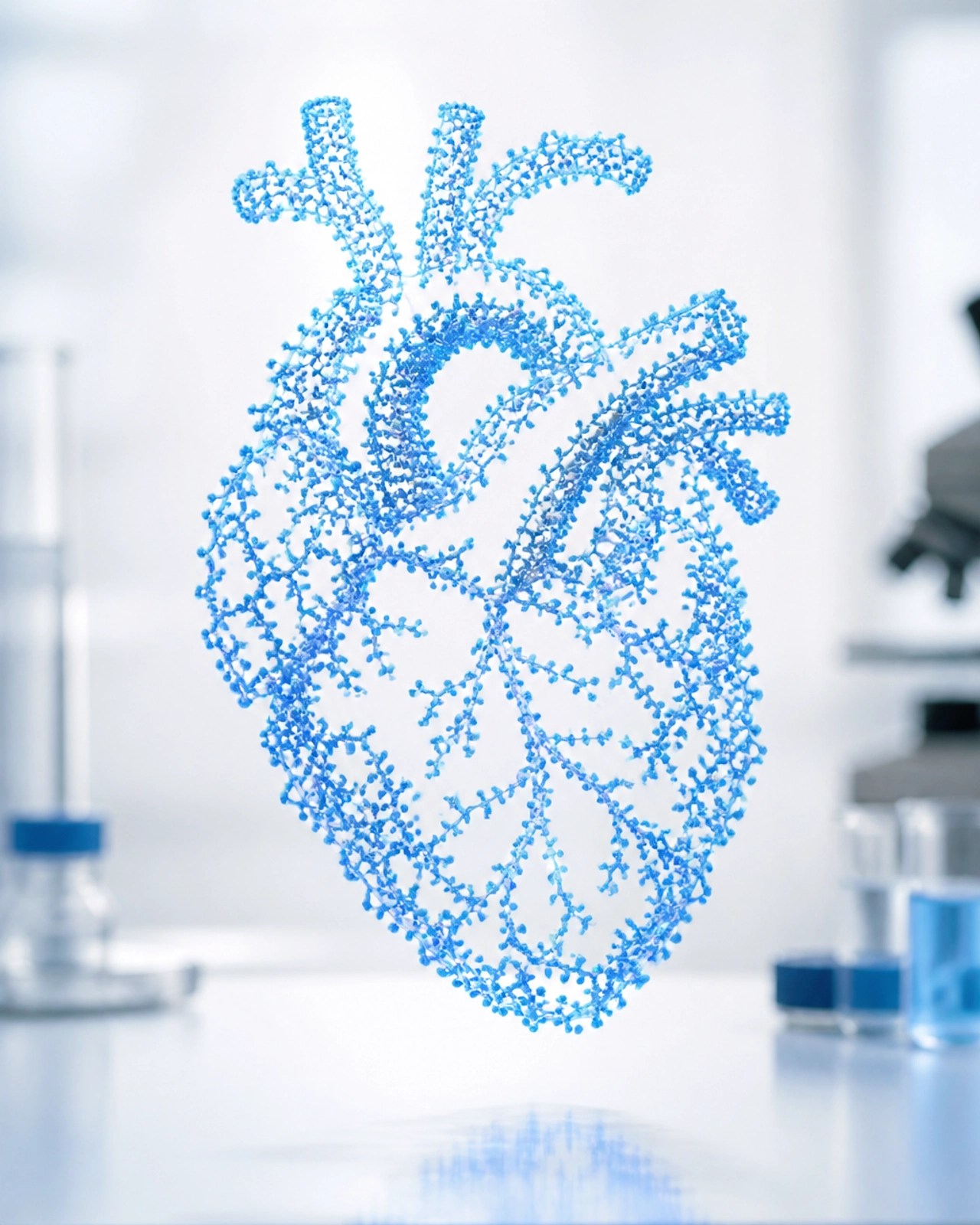 Glowing blue microscopic peptide chains forming a heart silhouette.