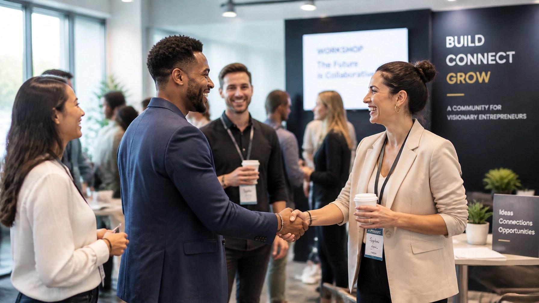 A group of entrepreneurs networking at a bright business event
