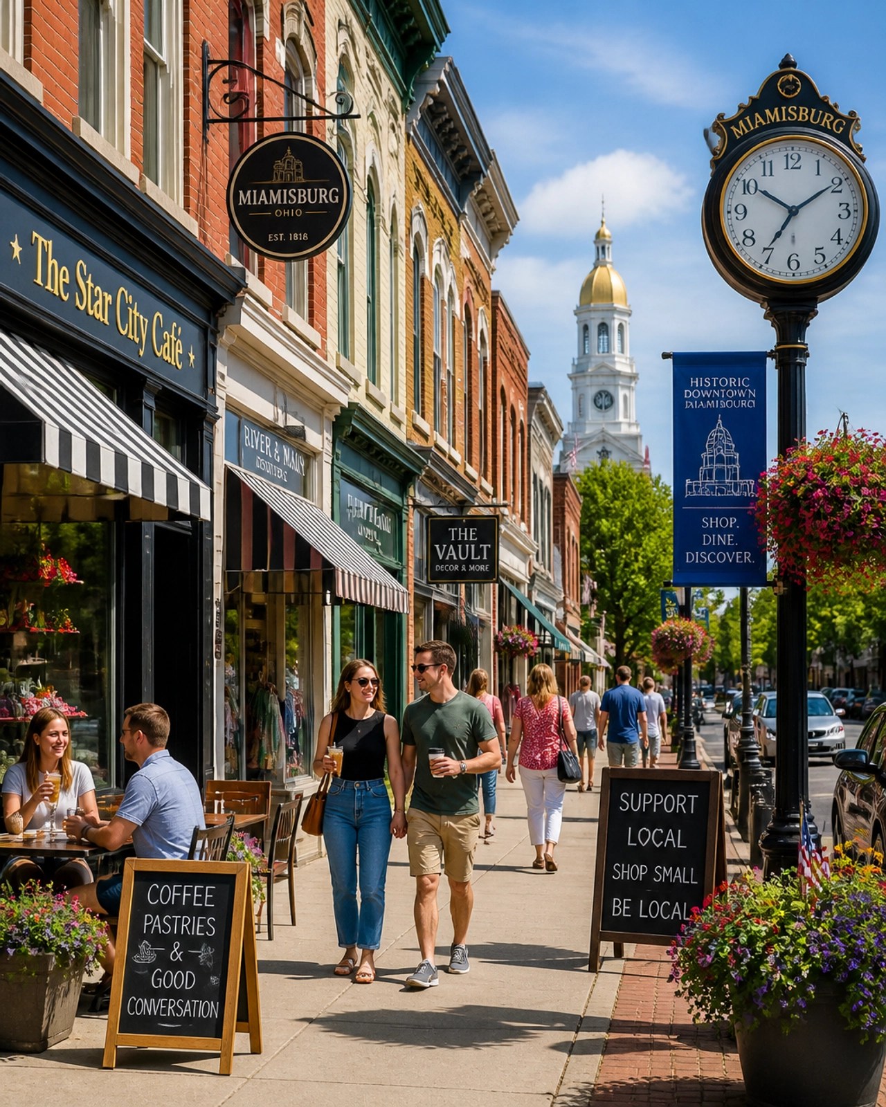 A vibrant street scene in a historic downtown area, showcasing the local lifestyle and community charm.