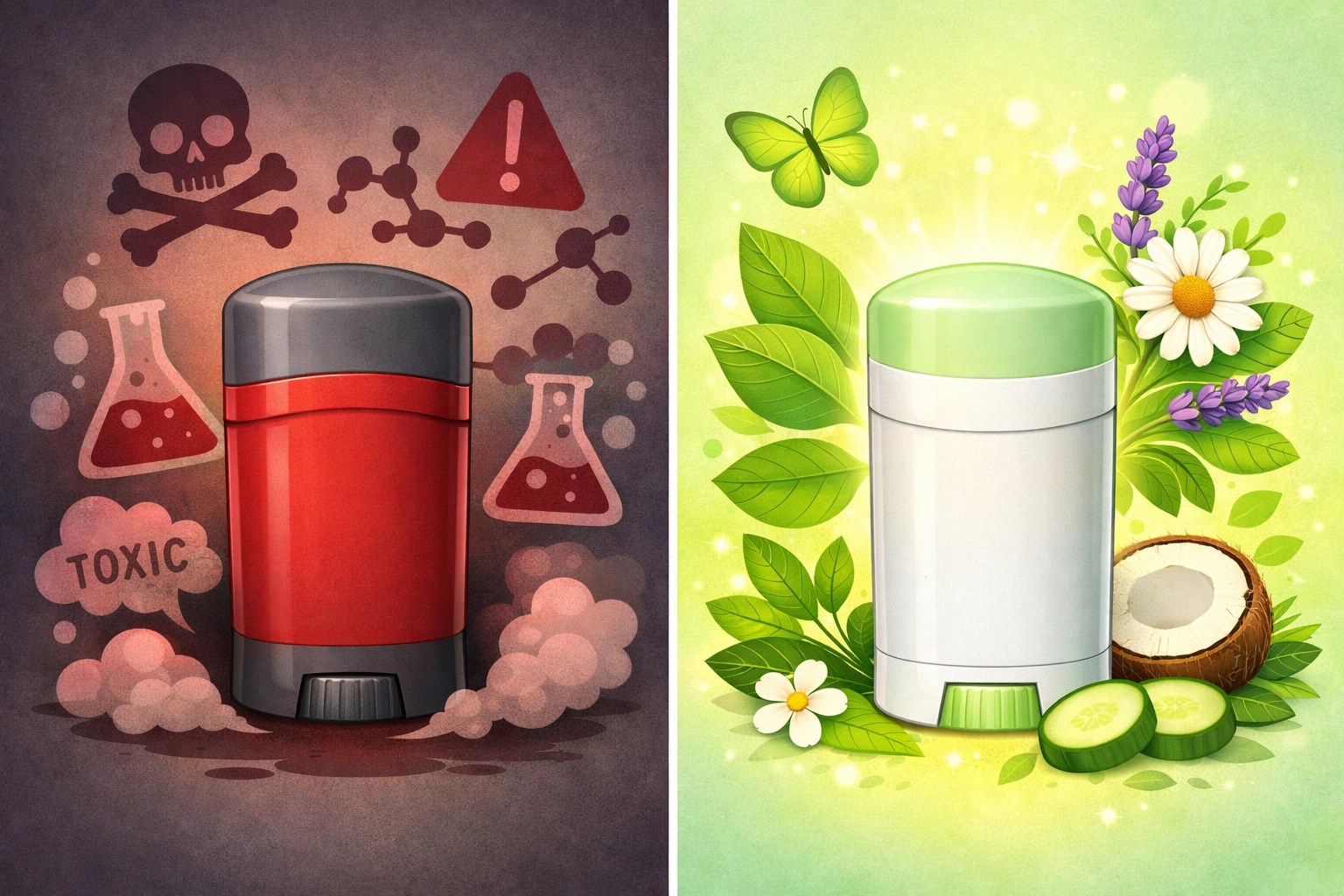 Comparison of conventional deodorant with chemicals versus plant based natural deodorant with botanicals