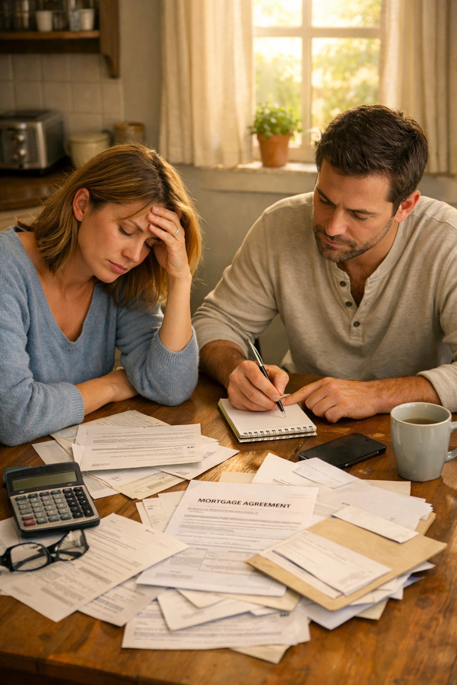 Couple calculating life insurance needs for mortgage protection at kitchen table