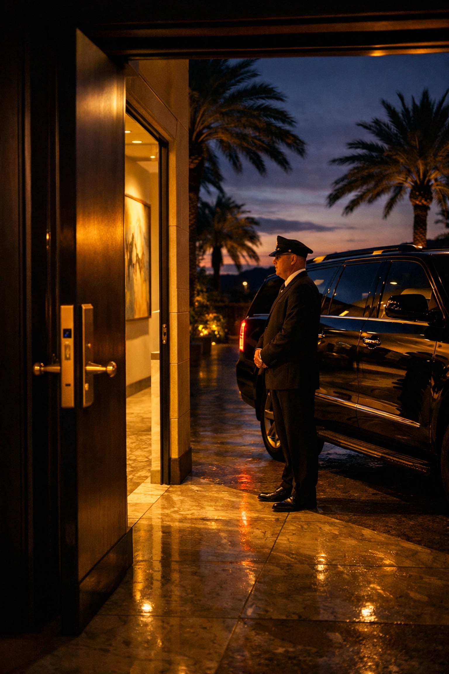 Private hotel entrance with chauffeur service providing VIP discretion for athlete clients