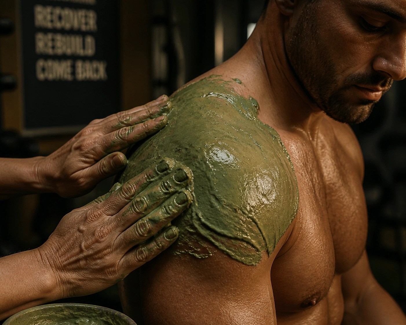 Close-up of a green clay poultice being applied to a shoulder for sports recovery and muscle healing.
