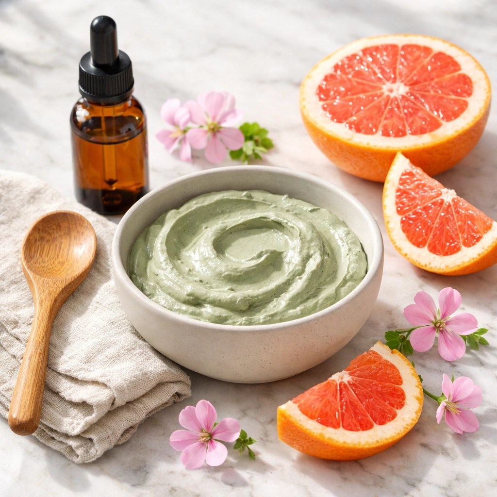 DIY French green clay mask for oily skin with fresh grapefruit and geranium essential oils.