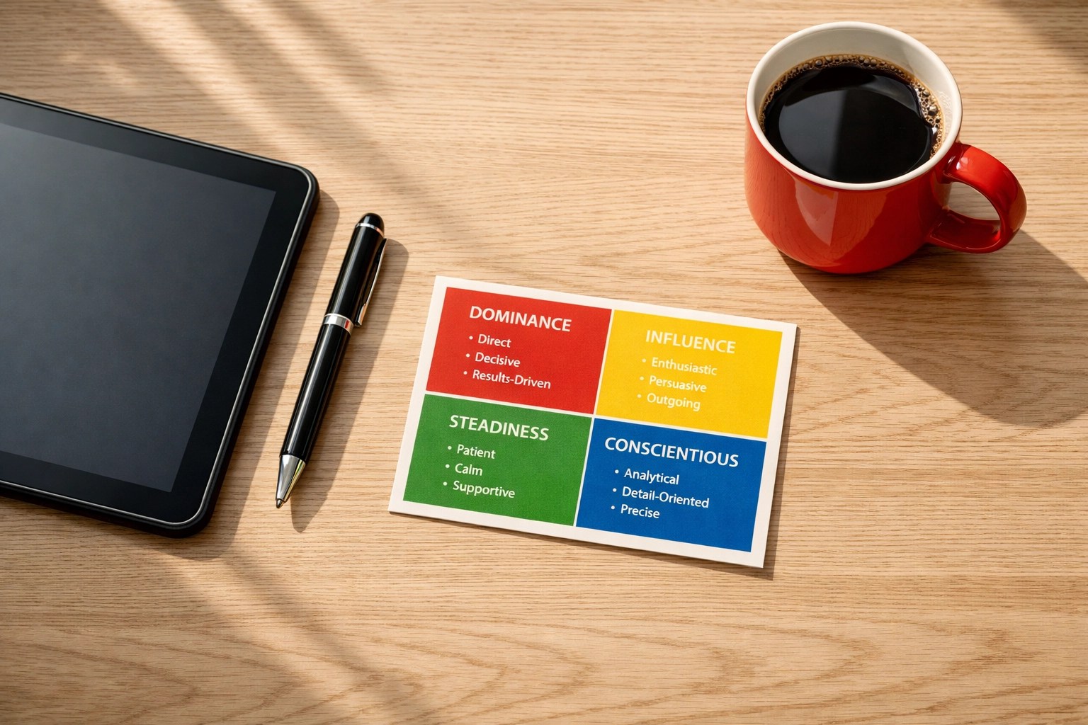 Manager's workspace featuring a DiSC assessment cheat sheet for improved team communication and 1-on-1 meetings.