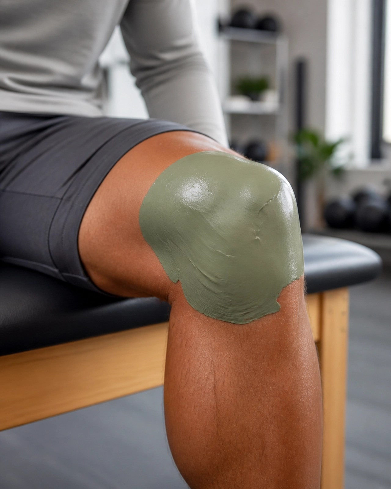 Athlete applying green clay to a knee joint for recovery