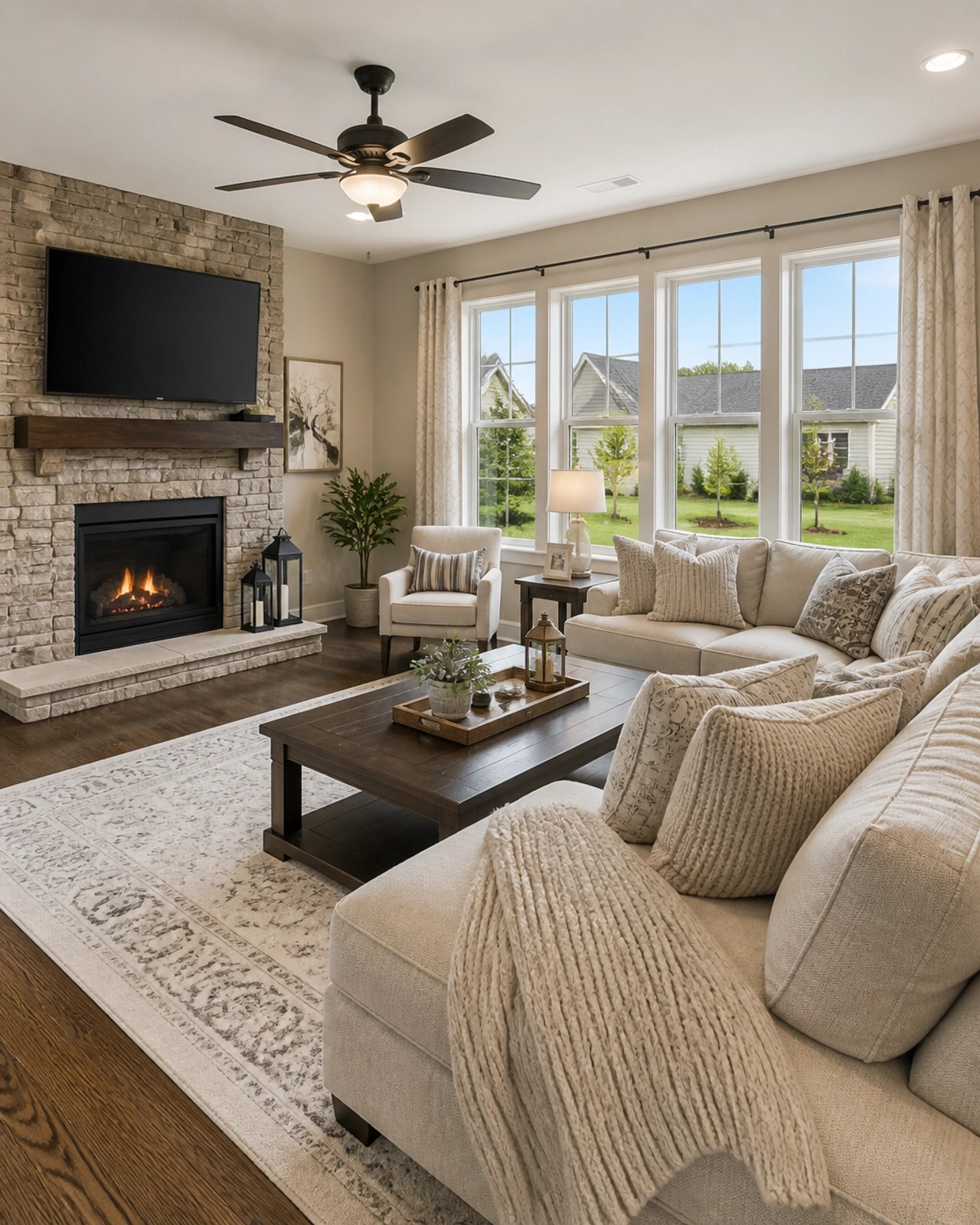 A cozy and professionally staged living room in a Xenia home, emphasizing the family-friendly appeal of the local market.
