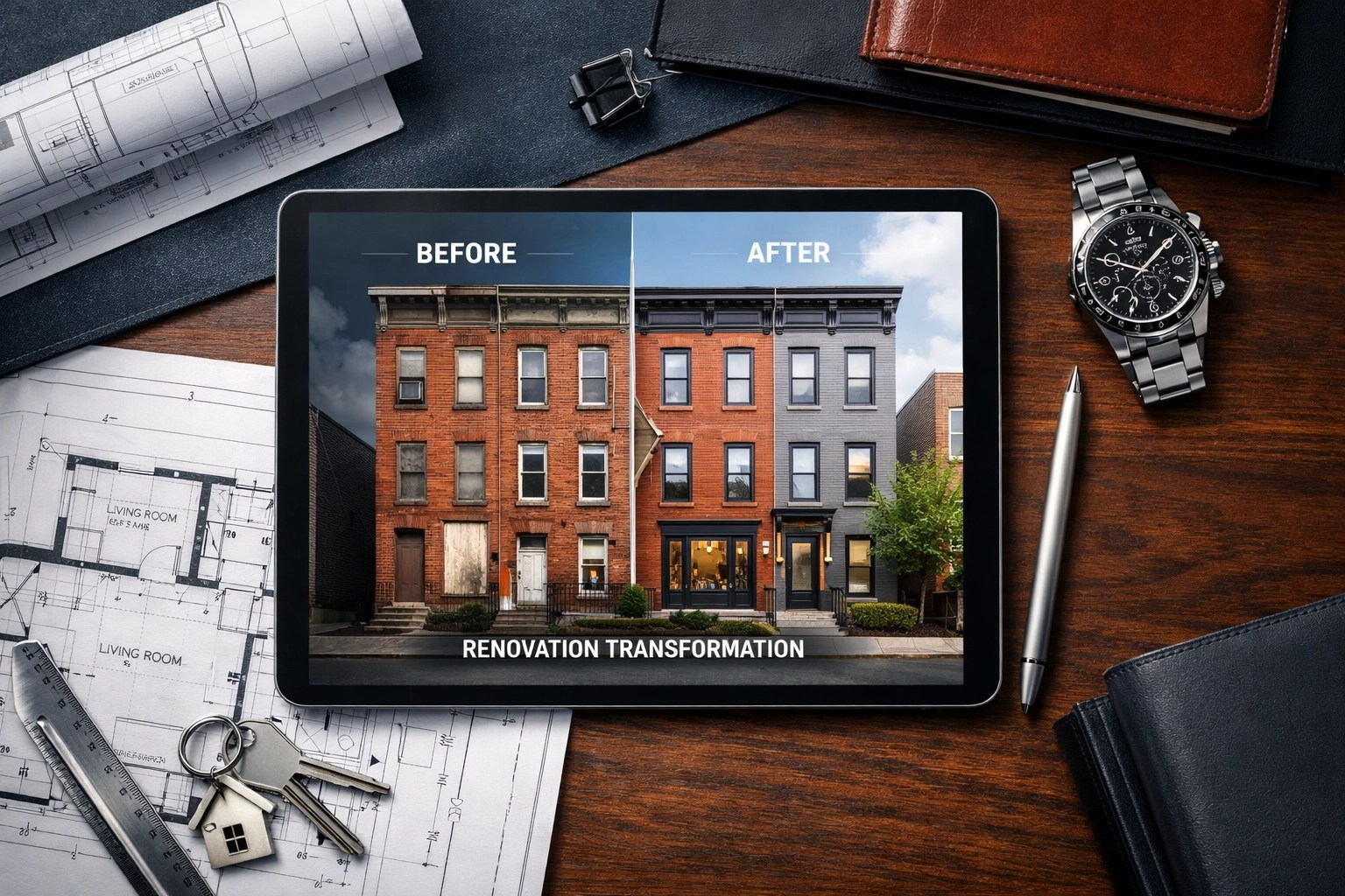 Real estate investment blueprints and a tablet showing a home renovation plan for a Dundalk property.