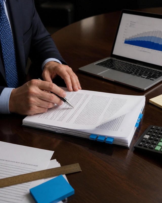 Business attorney reviewing a commercial lease, rent schedule, and financial calculations at a conference table