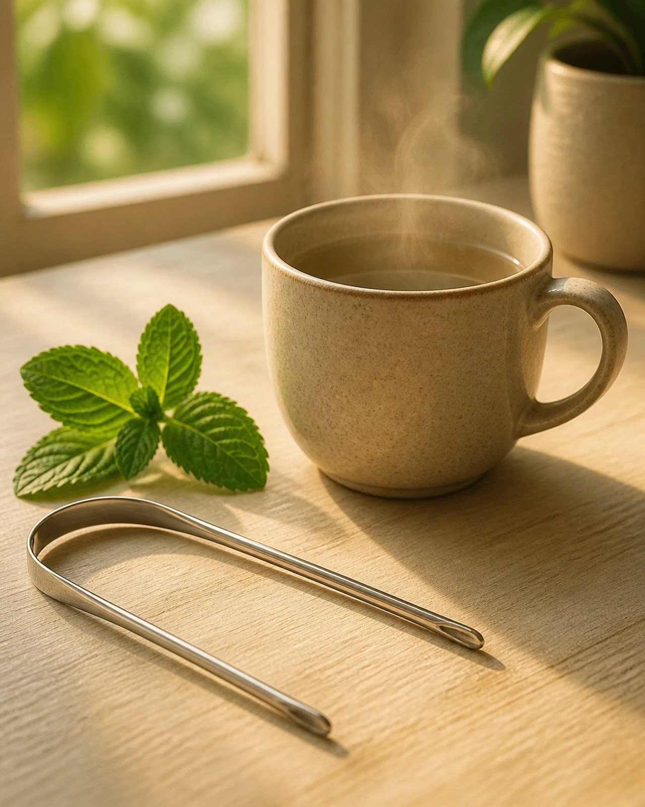 A morning Ayurvedic ritual featuring a metal tongue scraper and a ceramic mug of warm water in the soft, golden light of dawn.