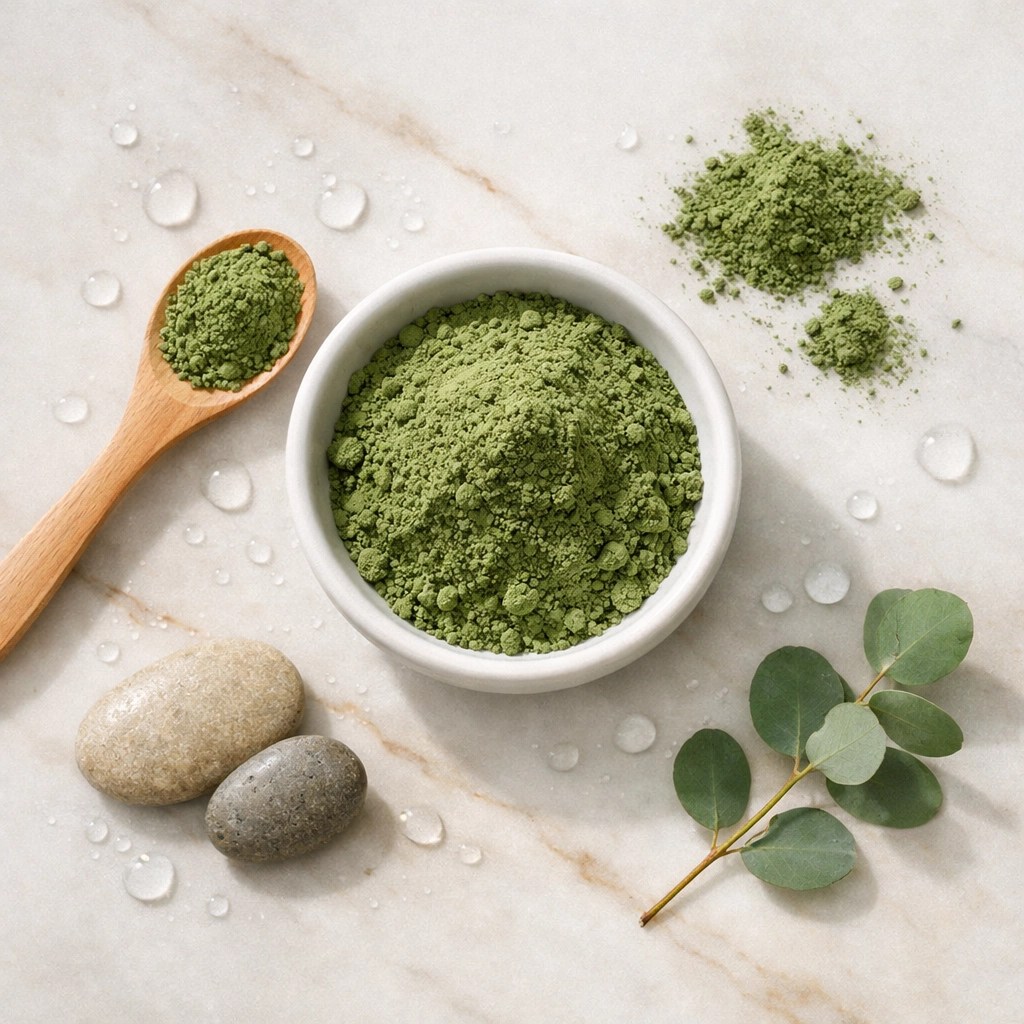 Illite green clay powder in ceramic bowl with wooden spoon and natural spa elements