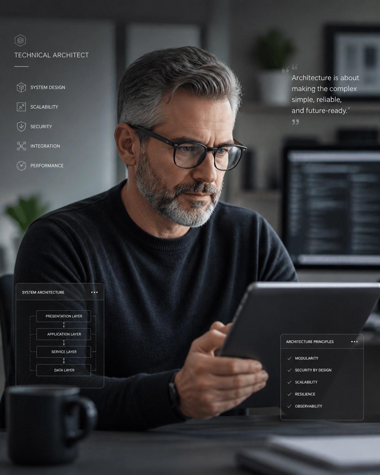 Technical architect projecting calm authority over a managed digital ecosystem