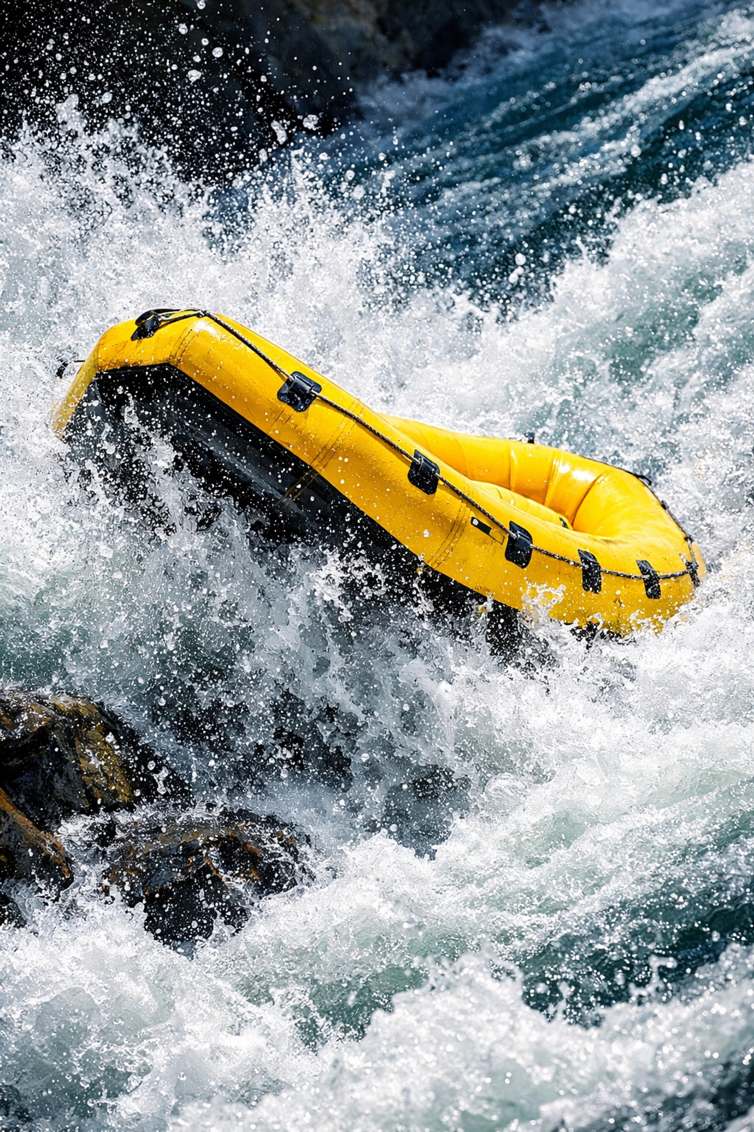 High-action white water rafting rapids with a yellow raft crashing through foam and spray on the river.