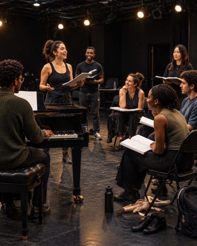 Off-Broadway ensemble gathered for a musical rehearsal around a piano
