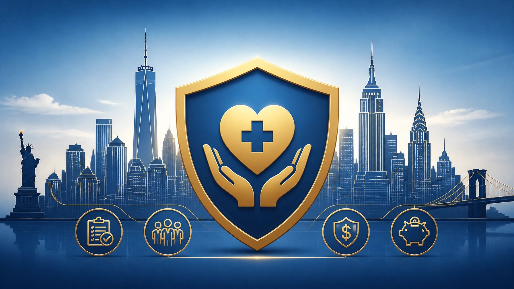 A secure shield icon overlaying a New York City skyline outline, symbolizing health coverage protection