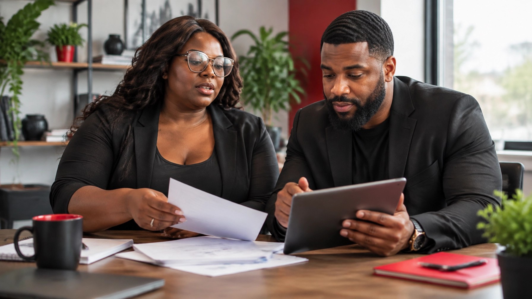 Entrepreneurs reviewing financing documents and a tablet together