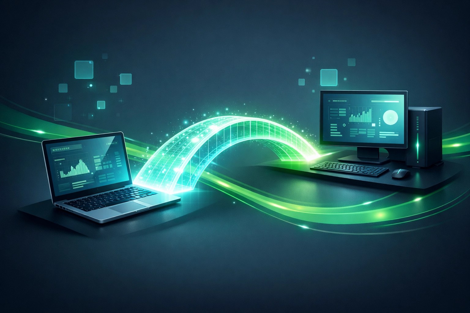 Digital illustration showing a fast remote IT support connection between a laptop and desktop computer.