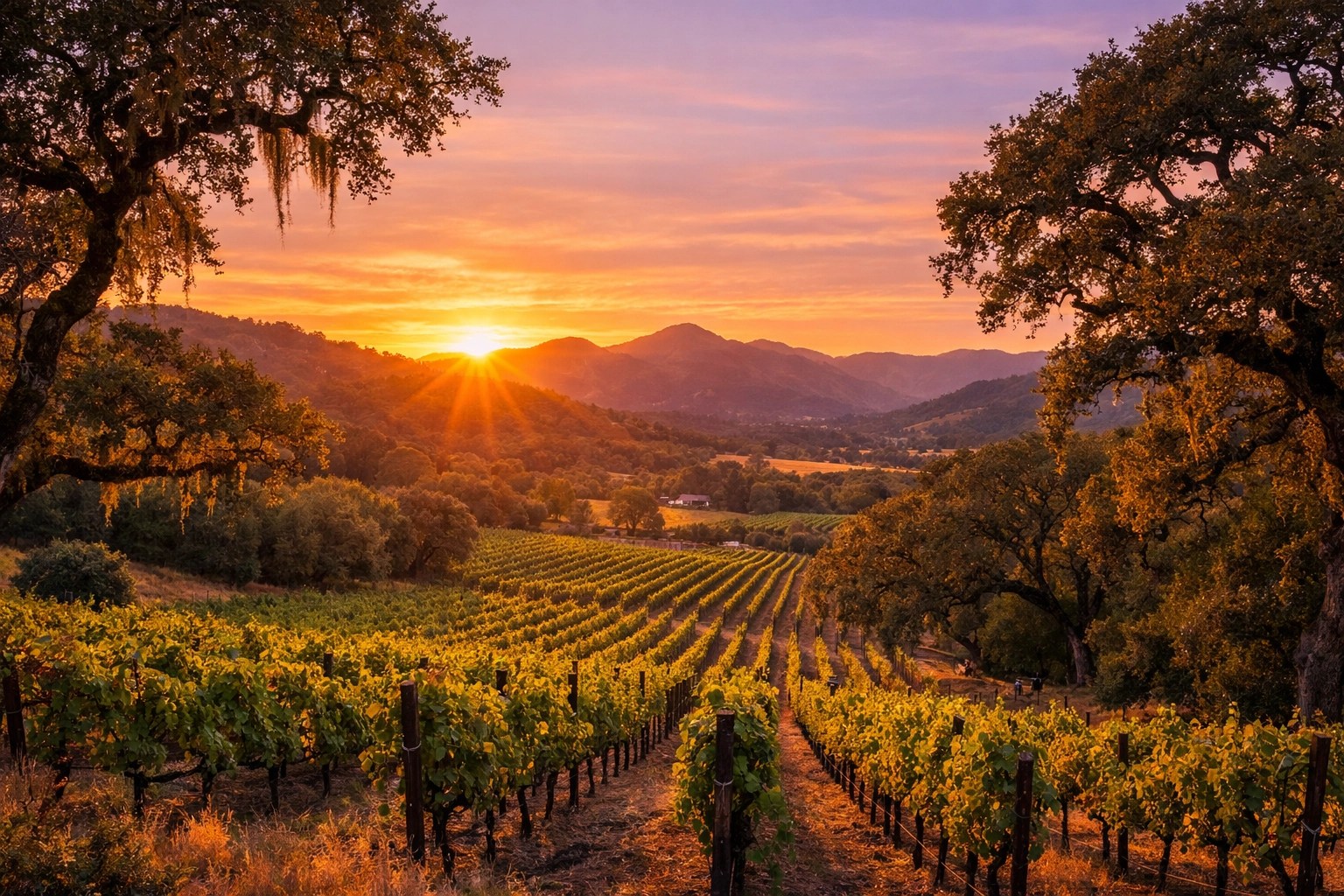 Sunset over lush vineyards near luxury vacation rentals in Sonoma's Glen Ellen valley.