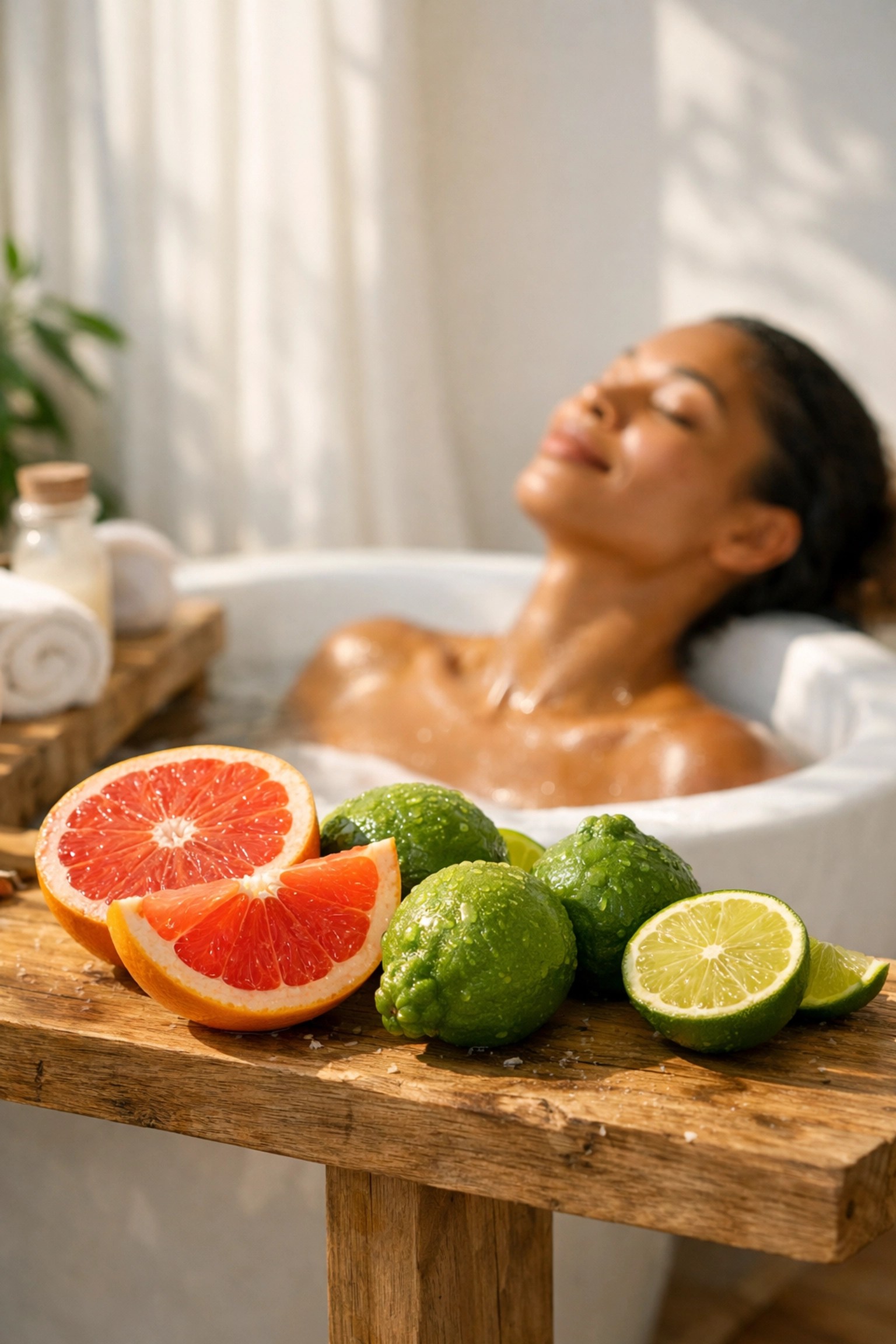 A person with glowing skin enjoying a refreshing skincare ritual with fresh grapefruit and bergamot.