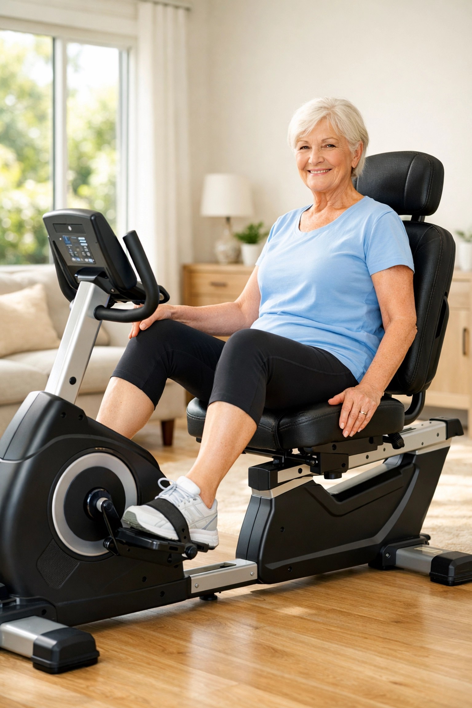 Senior woman using a recumbent exercise bike for low impact exercise equipment hire for seniors in Melbourne.