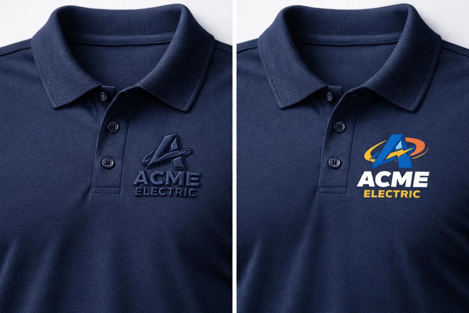 Comparison of embroidered vs printed workwear logos on polo shirts