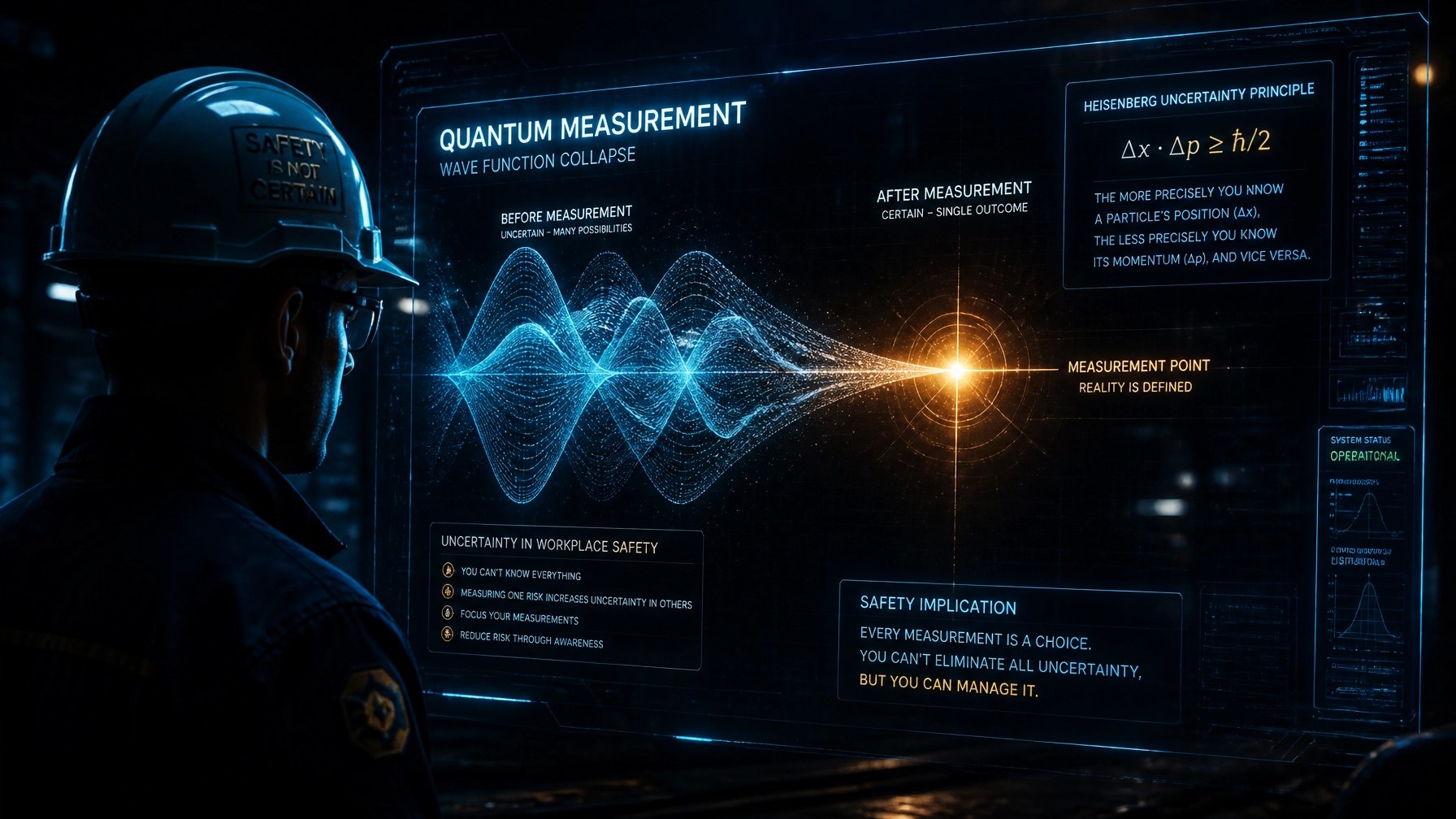 Cinematic futuristic visual of a quantum wave function collapsing into a single measurement point on a holographic display, illustrating the Heisenberg uncertainty principle in workplace safety