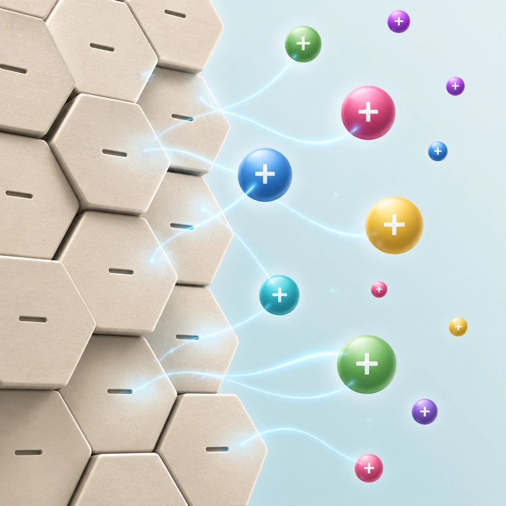 Abstract illustration of negatively charged clay particles attracting positively charged toxins