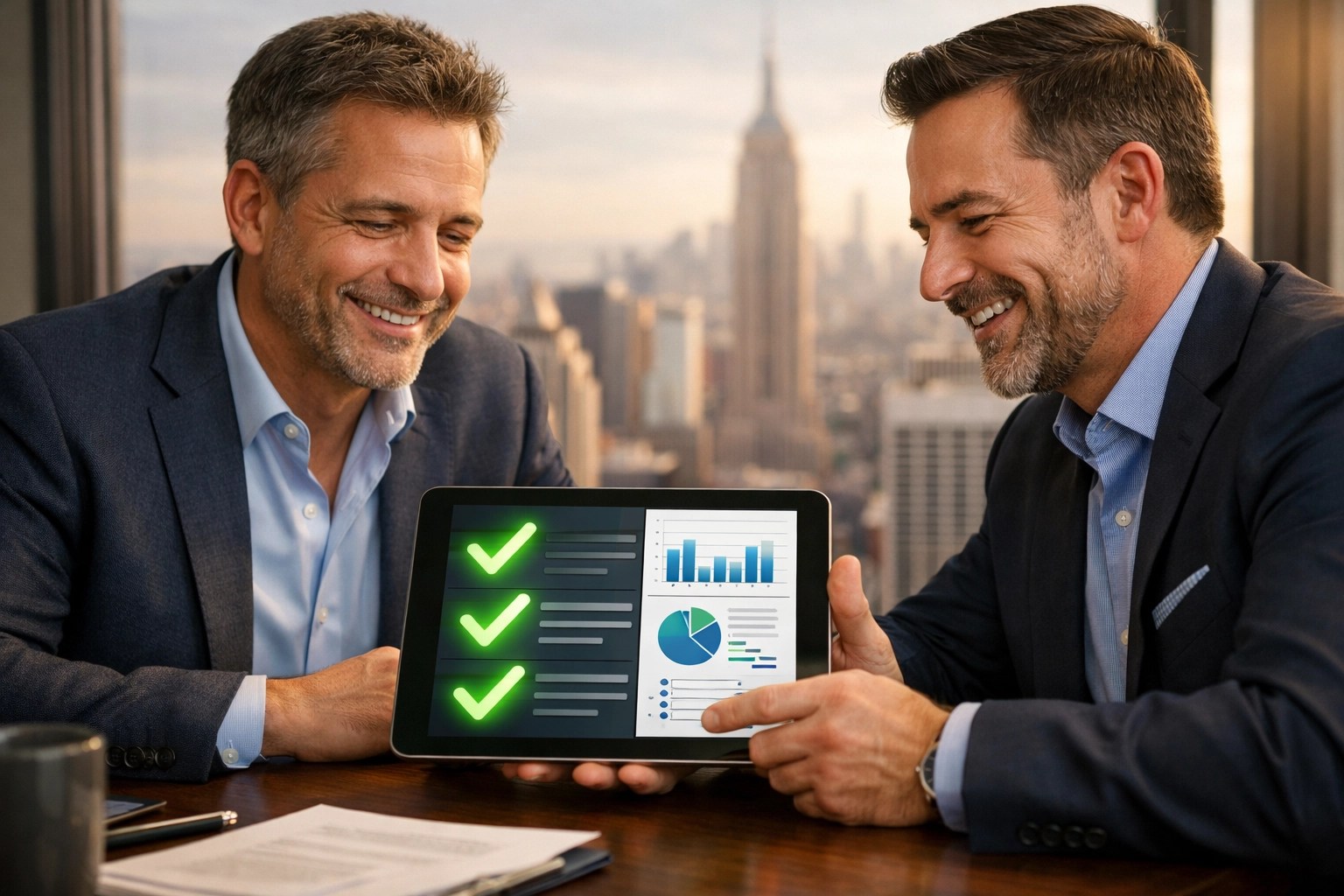 New York business owner and advisor reviewing compliant health insurance plan charts on a tablet.