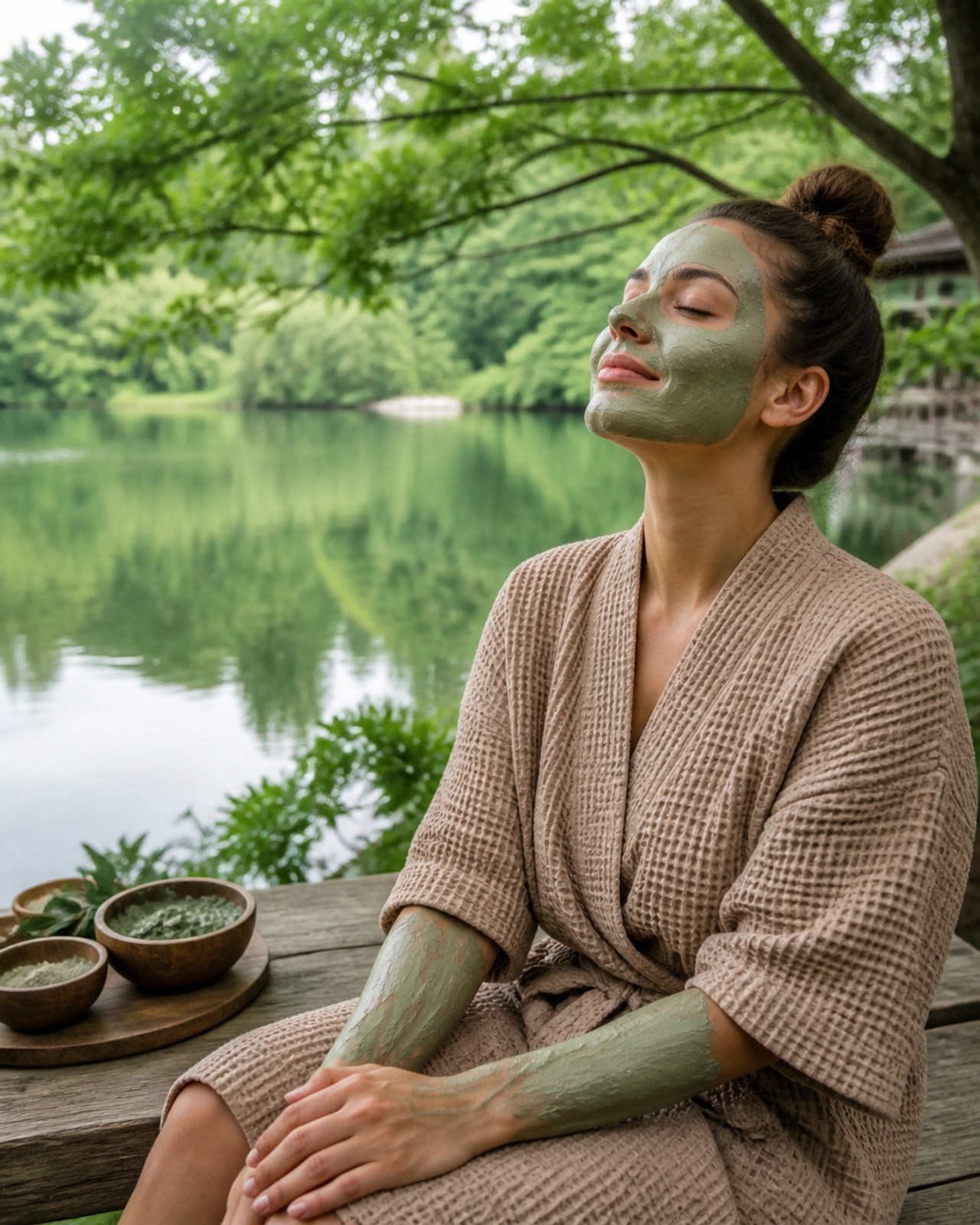 A serene scene of a person using green clay for a full-body detox ritual