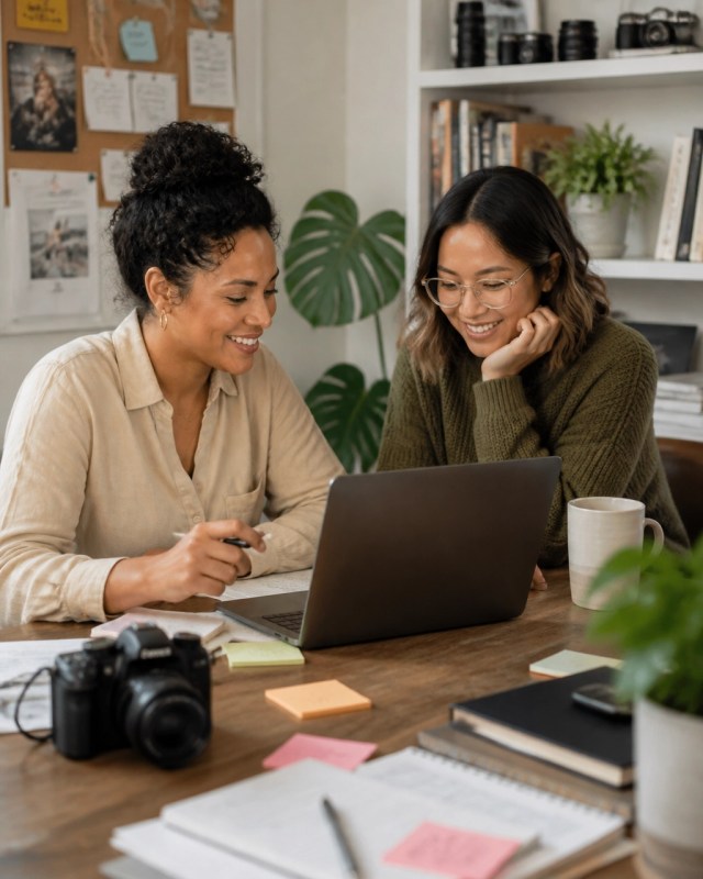 Two marketing professionals reviewing a campaign calendar and performance data