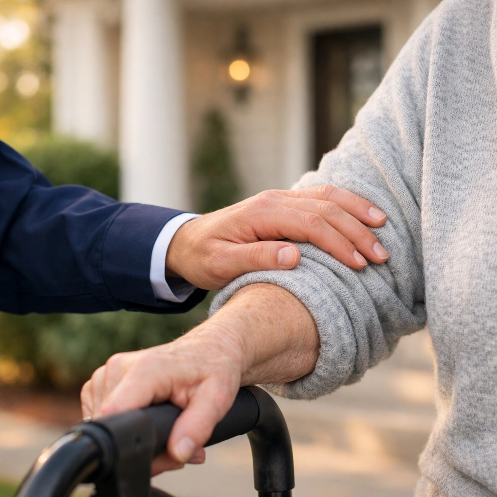 A medical transport specialist assisting a senior patient with professional care and safety.