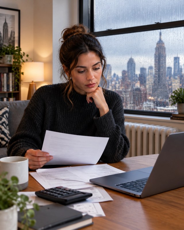 Manhattan renter reviewing a lease and household budget beside a laptop during a rainy autumn day