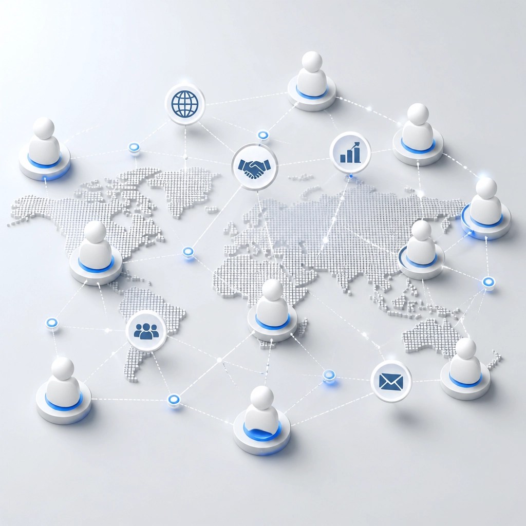 interconnected people silhouettes and digital nodes representing a business community.