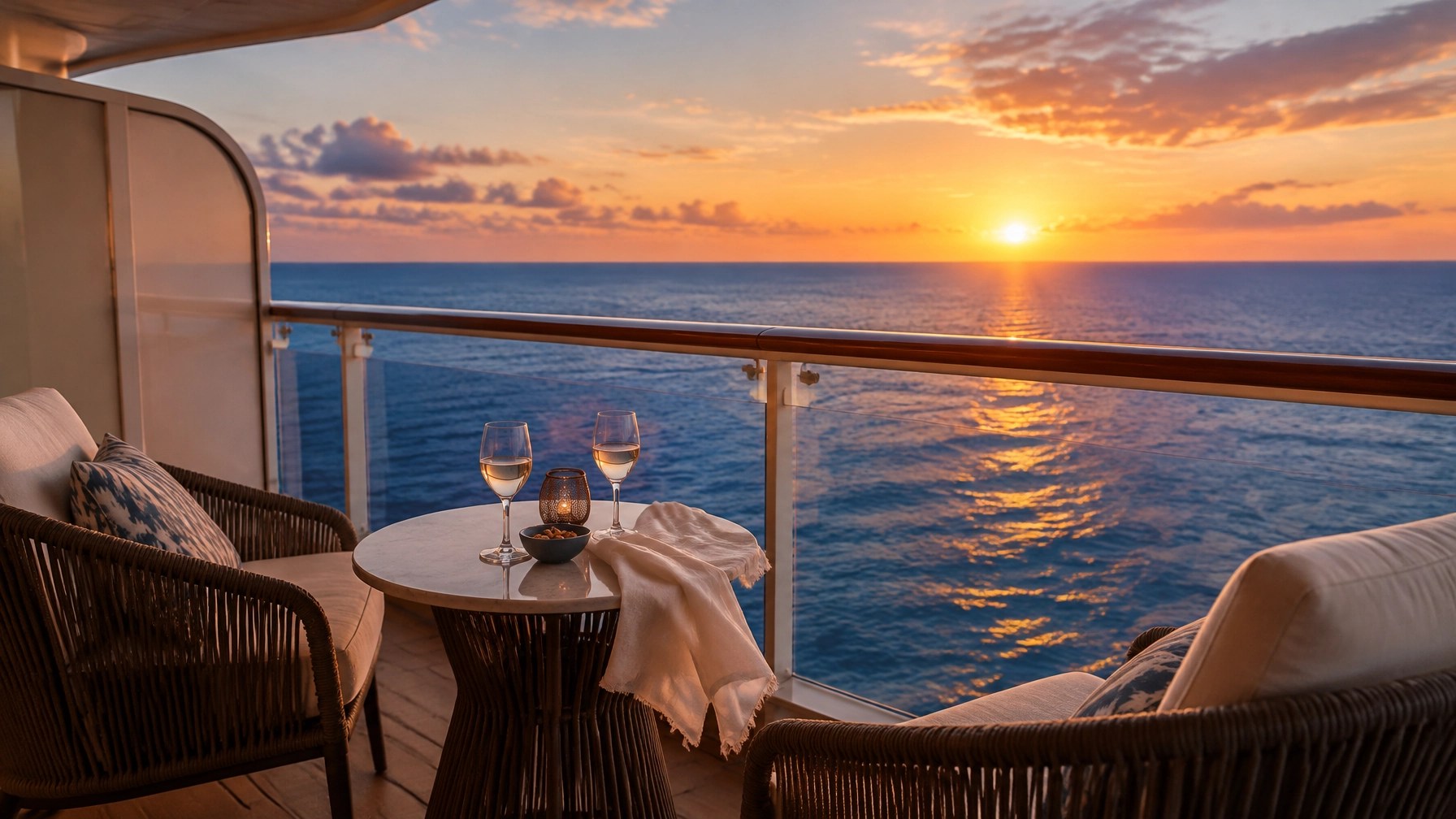 Warm Caribbean sunset viewed from a quiet cruise-ship balcony