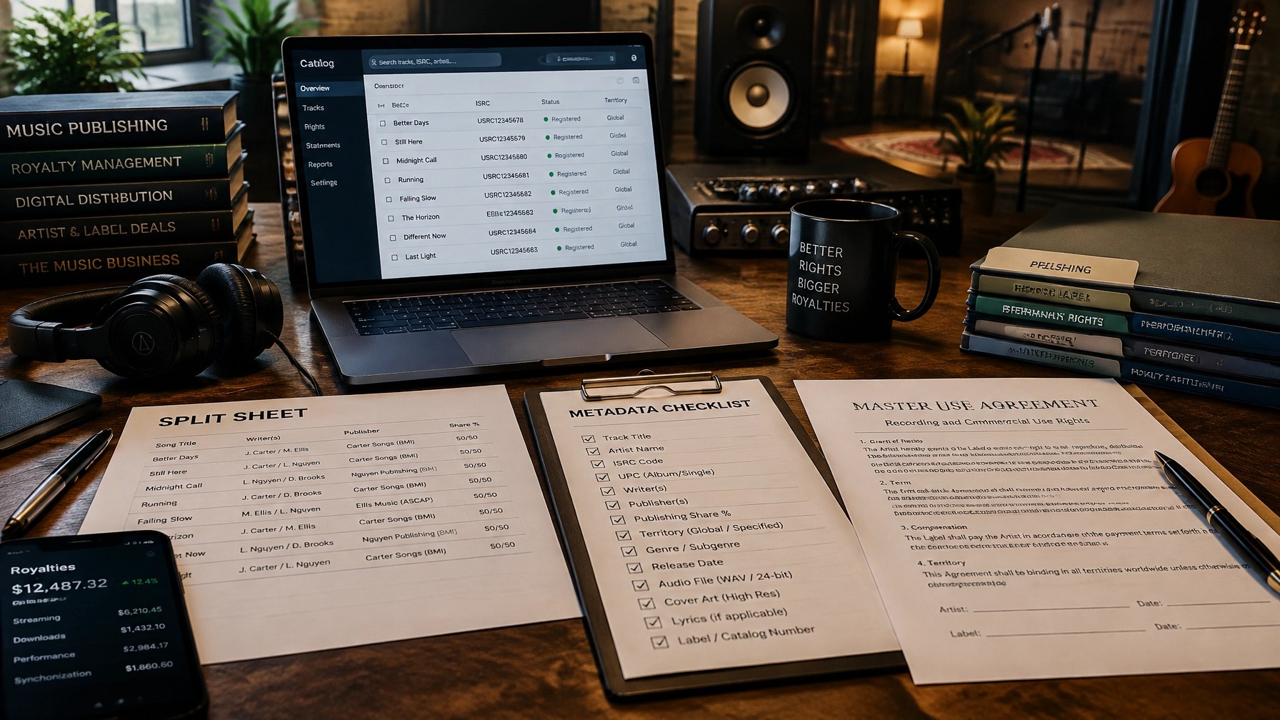 Music business workspace with split sheets, metadata checklist, laptop, contracts, and recording equipment illustrating royalty infrastructure