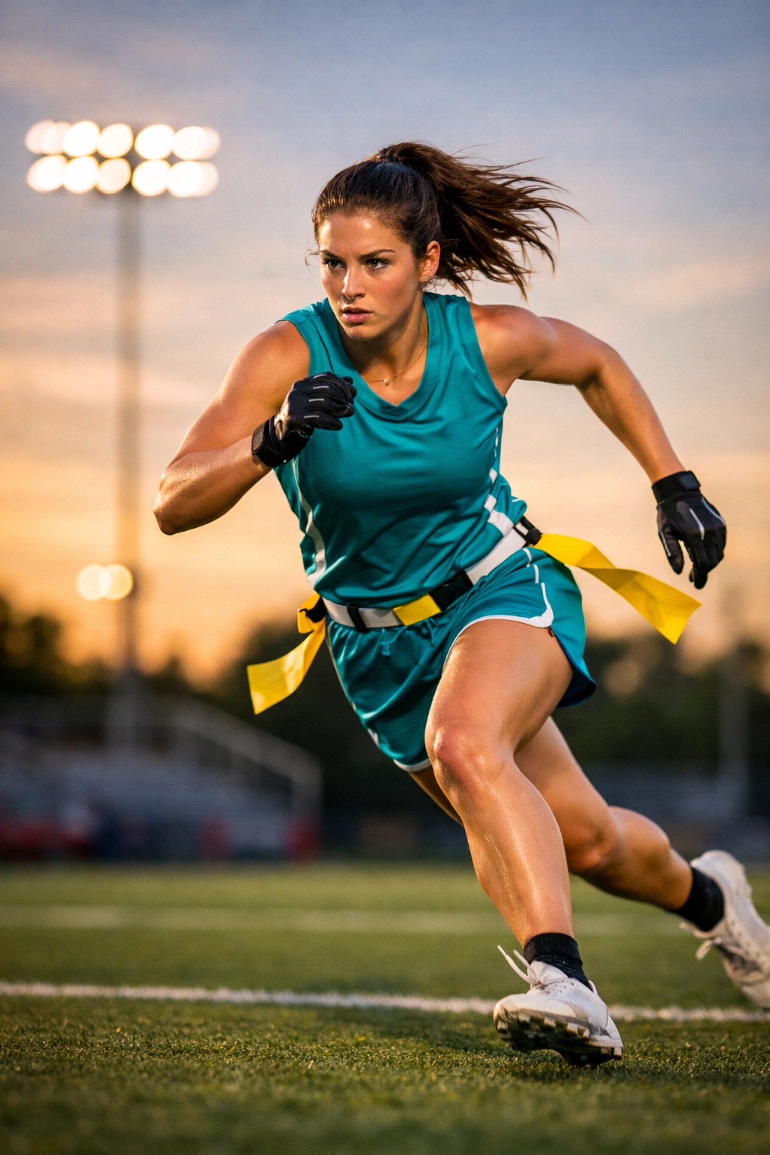 Female athlete running route during flag football training in Atlanta